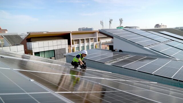 Professional who installs solar energy systems,  procuring equipment, and performing the physical installation of solar panels on roofs. 