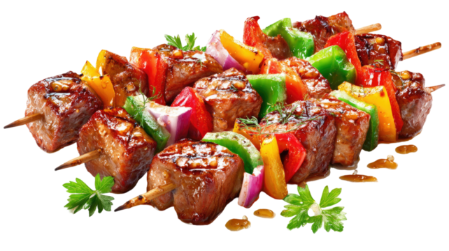 Grilled meat skewers with colorful vegetables and glossy marinade shown in appetizing roasted detail and vibrant texture isolated on white background
