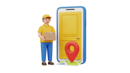 3d delivery man character holding package standing next to large smartphone with map pin icon representing online order tracking and doorstep service isolated on transparent background