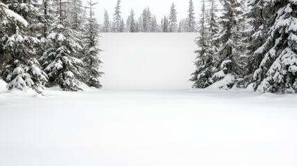 Naklejka premium Snowy evergreen forest clearing with soft light and calm atmosphere