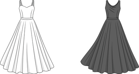 Elegant vintage-inspired sleeveless dresses, classic full-circle silhouettes showcasing stylish fashion design, garment illustration, formal wear, feminine apparel artwork