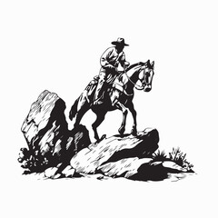 Western Cowboy Riding Horse on Rocky Trail Image Vector