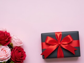 Special gift box with red ribbon and flowers on a pink background