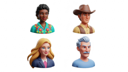 Collection of four diverse 3d avatar icons representing different people, isolated on transparent background