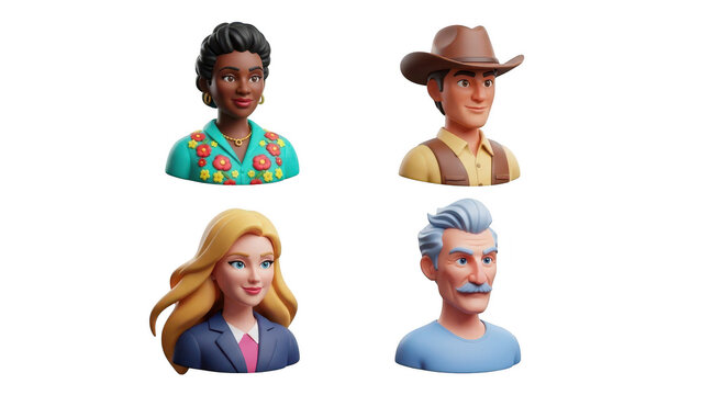 Collection of four diverse 3d avatar icons representing different people, isolated on transparent background