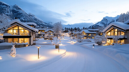 Cozy snow village at dusk with illuminated chalets and mountain backdrop