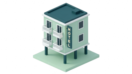 Isometric illustration of a small, modern hotel building with balconies, elevated on stilts, isolated on transparent background