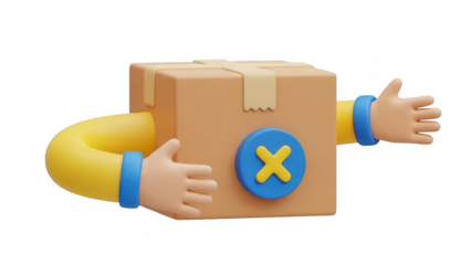 3d cartoon delivery box character with arms showing a rejection or error symbol isolated on transparent background