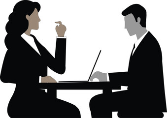Woman in black suit gesturing to man in grey suit with laptop at table business meeting discussion