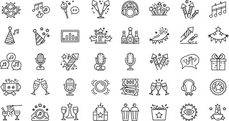 Party and celebration icon set, festive elements, fireworks, music, drinks, microphone, gift, vector illustration for event design