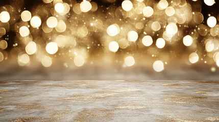 Gold bokeh sparkle background with glitter floor and warm light glow, festive mood