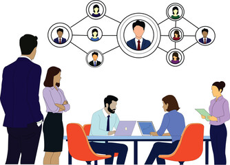 Diverse business team in meeting with digital network diagram above office collaboration