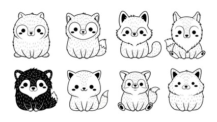 Obraz premium Adorable collection of black and white outline kawaii animals illustrations characters