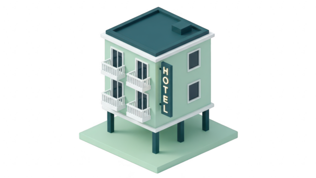 Isometric illustration of a small, modern hotel building with balconies, elevated on stilts, isolated on transparent background