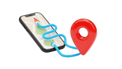 3d rendering of smartphone displaying map navigation route connected by blue line to large red location pin isolated on transparent background