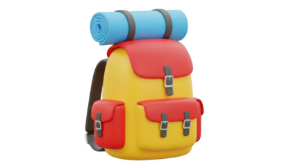 A colorful 3d rendered illustration of a yellow and red hiking backpack with a blue rolled sleeping mat attached on top, isolated on transparent background