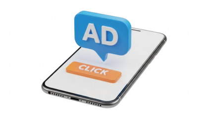 3d rendering of a smartphone displaying a prominent blue advertisement speech bubble with ad text and an orange click button, isolated on transparent background