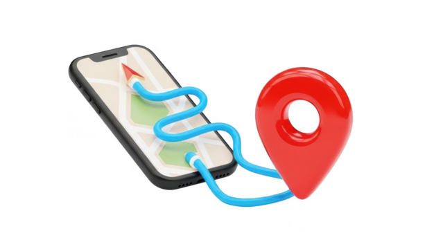 3d rendering of smartphone displaying map navigation route connected by blue line to large red location pin isolated on transparent background