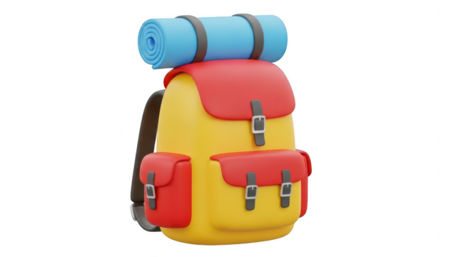 A colorful 3d rendered illustration of a yellow and red hiking backpack with a blue rolled sleeping mat attached on top, isolated on transparent background
