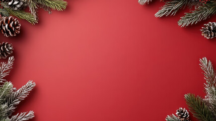 Snowy pine branch red holiday background with pinecone border and cozy feel