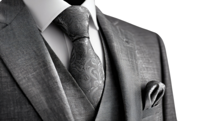 Elegant formal grey suit with paisley necktie and matching pocket square in refined close-up detail isolated on white background