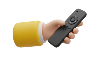 3d cartoon hand in yellow sleeve holding black remote control isolated on transparent background