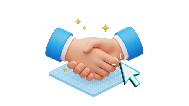 3d illustration of a business handshake agreement with a digital cursor click, symbolizing partnership and deal making isolated on transparent background