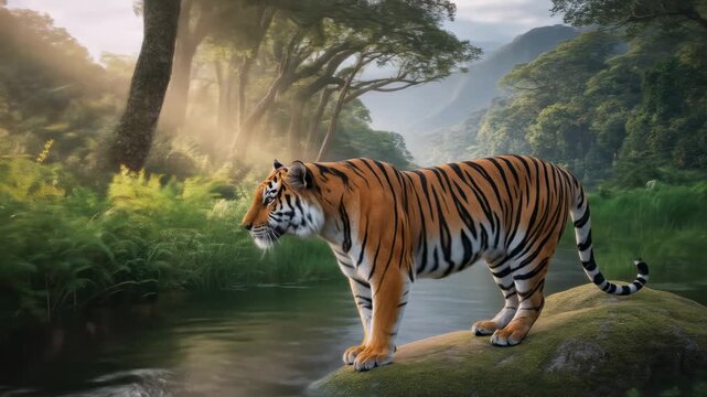 A majestic tiger stands on a mossy rock, beside a stream, in a lush jungle setting