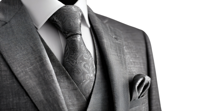 Elegant formal grey suit with paisley necktie and matching pocket square in refined close-up detail isolated on white background