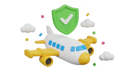 3d cartoon airplane with green shield and checkmark symbolizing travel insurance safety and protection isolated on transparent background