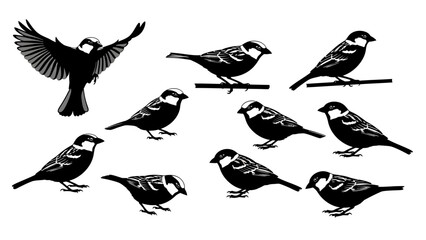 Elegant silhouette illustration featuring a dynamic collection of black and white birds © ellisa_studio