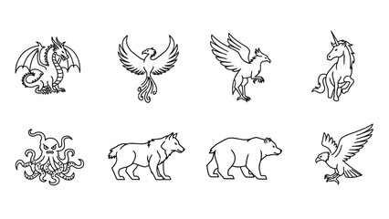Set of heraldic animals in simple outline style perfect for logo design or tattoo inspiration