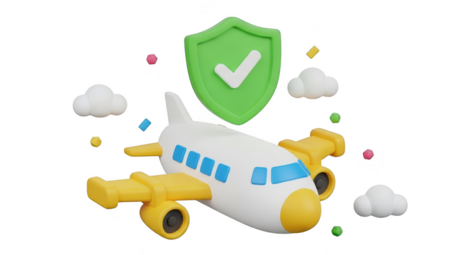3d cartoon airplane with green shield and checkmark symbolizing travel insurance safety and protection isolated on transparent background