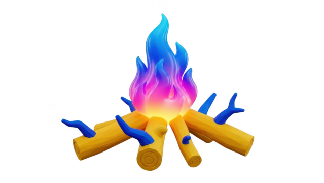 Stylized 3d campfire with bright blue and pink glowing flame burning on yellow wood logs isolated on transparent background