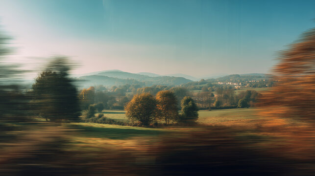 moving countryside landscape, motion blur scenic view

