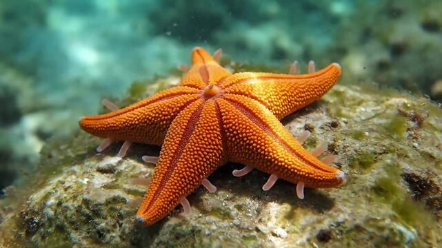 Dynamic shot of a starfish slowly traversing the ocean floor, showcasing its graceful, deliberate movement across a vibrant marine landscape. Movement and form