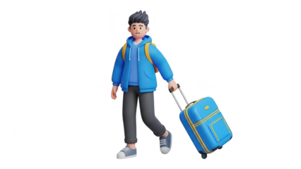 3d cartoon male traveler with backpack walking and pulling a blue rolling suitcase isolated on transparent background