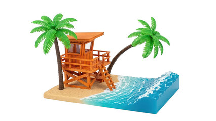 Miniature diorama of a wooden lifeguard tower on a sandy beach with palm trees and blue ocean wave, isolated on transparent background