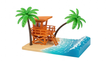 Miniature diorama of a wooden lifeguard tower on a sandy beach with palm trees and blue ocean wave, isolated on transparent background