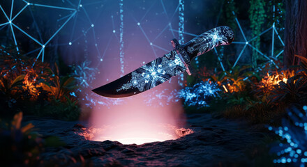 Futuristic fantasy knife in vibrant jungle with glowing portal
