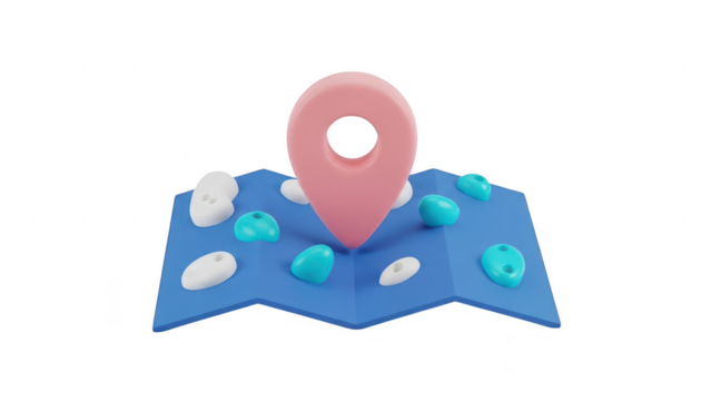 3d rendering of a pink location pin icon marking a spot on a blue folded map with small climbing holds, isolated on transparent background