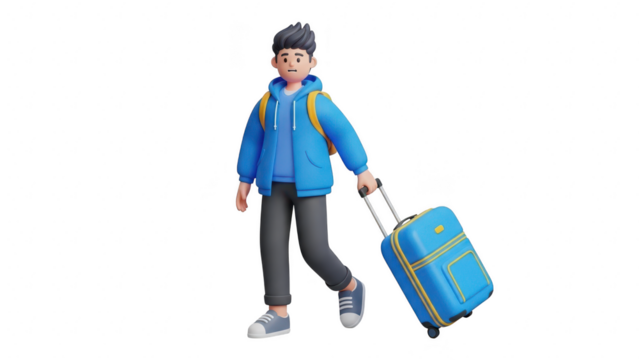 3d cartoon male traveler with backpack walking and pulling a blue rolling suitcase isolated on transparent background