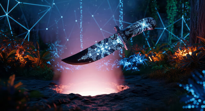 Futuristic fantasy knife in vibrant jungle with glowing portal - Powered by Adobe