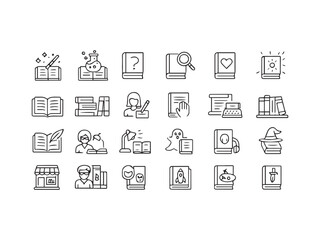 Book Genres, Reading, and Literature Line Icons Set - Magic, Mystery, Sci-Fi, and Bookstore Vector
