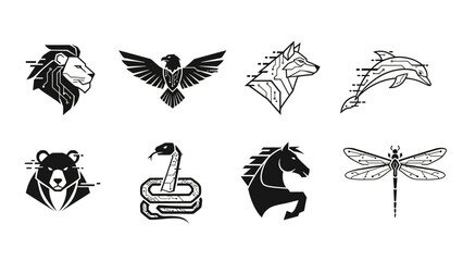 Monochrome animal logos with circuit patterns representing technological integration and innovation