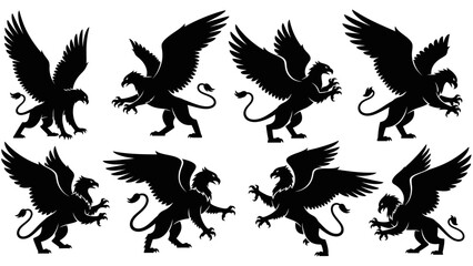Obraz premium Elegant silhouettes of mythical griffin creatures in various dynamic poses isolated