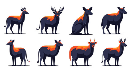 Stylized deer illustration set showcasing various poses and antler configurations for design