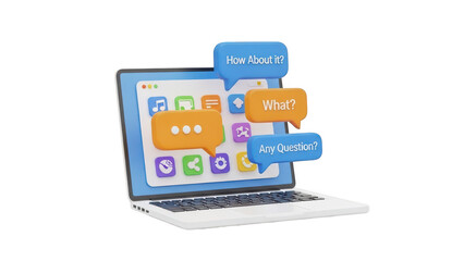 3d illustration of a laptop computer displaying application icons with floating speech bubbles containing questions like how about it what and any question isolated on transparent background