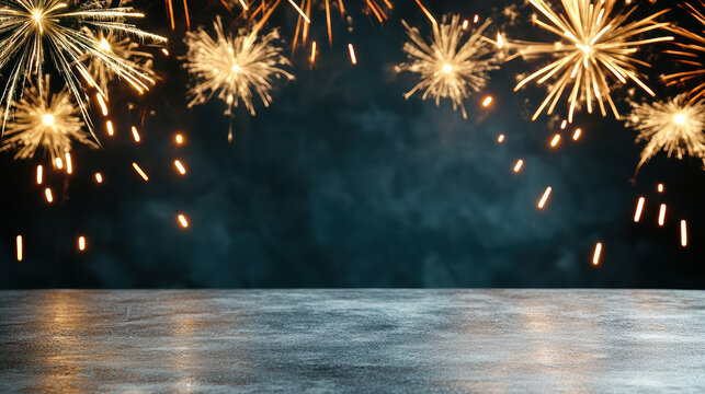 Golden fireworks burst over dark sky with reflective concrete foreground creating festive mood