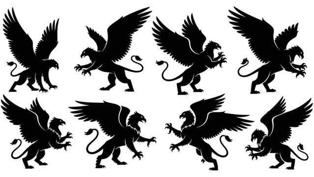 Elegant silhouettes of mythical griffin creatures in various dynamic poses isolated